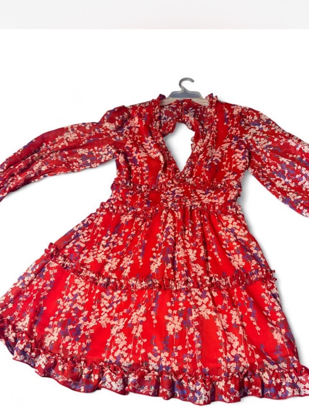 Boho western Red Floral  mini dress- Backless with ruffles